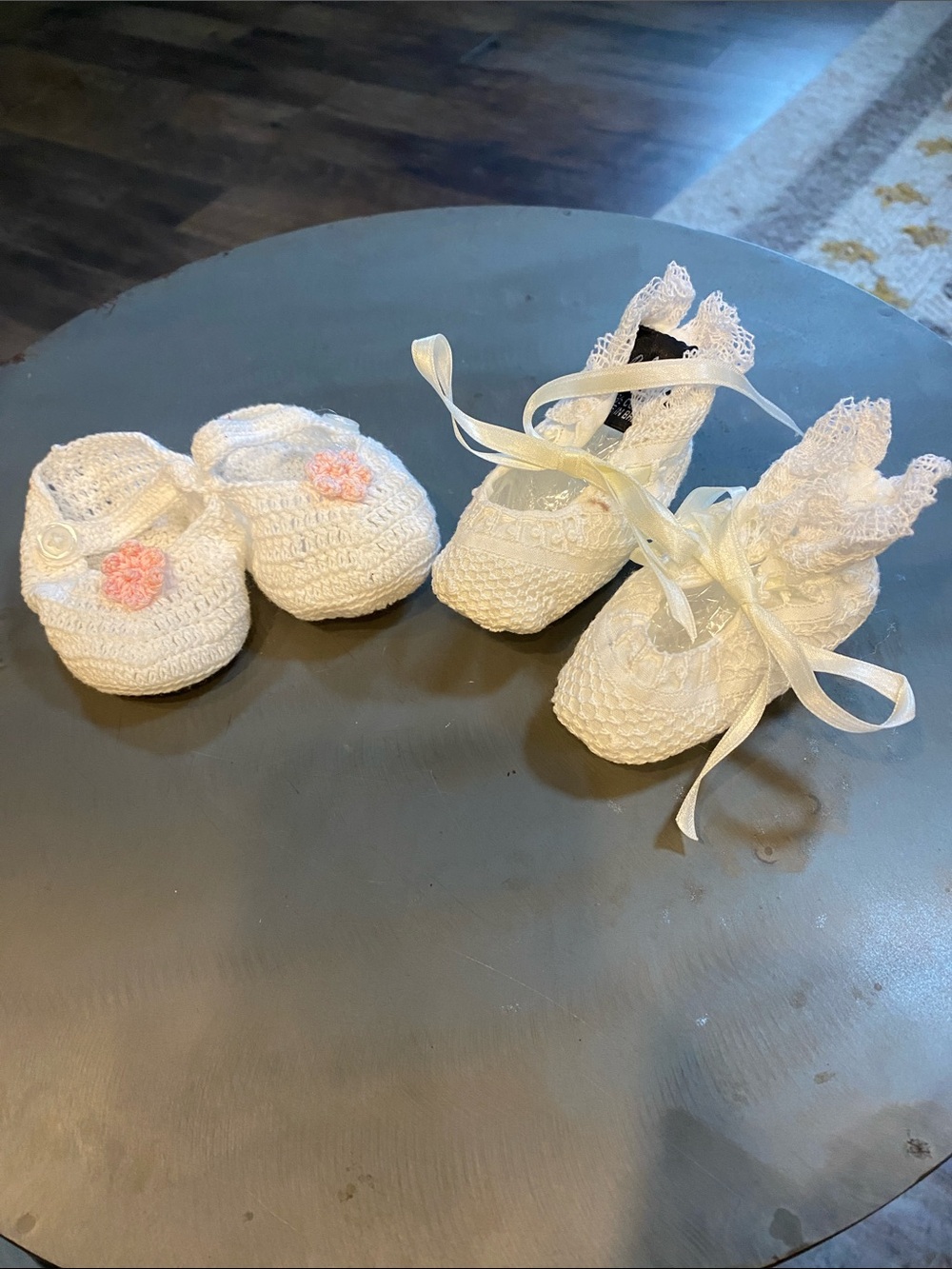 Hand-Crocheted Baby Booties with Lace and Ribbon - Cream